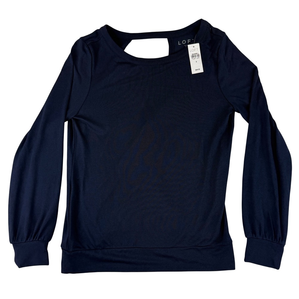 LOFT Surplice Back Top Women Size S Navy Blue Long‎ Sleeve Cutout Knit
